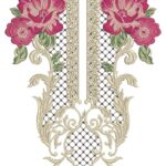 Luxurious machine-embroidered neckline gala with large rose blooms, delicate netted mesh panels, ornate scrolling vines, leafy accents, and symmetrical pendant design for ethnic kurtas and dresses.