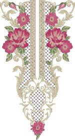 Luxurious machine-embroidered neckline gala with large rose blooms, delicate netted mesh panels, ornate scrolling vines, leafy accents, and symmetrical pendant design for ethnic kurtas and dresses.