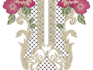 Luxurious machine-embroidered neckline gala with large rose blooms, delicate netted mesh panels, ornate scrolling vines, leafy accents, and symmetrical pendant design for ethnic kurtas and dresses.