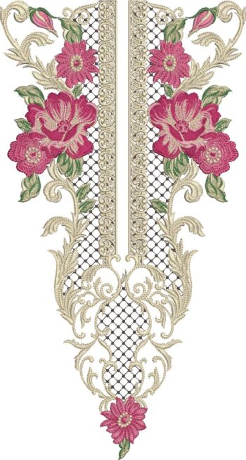 Luxurious machine-embroidered neckline gala with large rose blooms, delicate netted mesh panels, ornate scrolling vines, leafy accents, and symmetrical pendant design for ethnic kurtas and dresses.