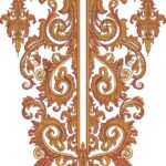 Opulent machine-embroidered neckline gala with intricate baroque scrolls, swirling acanthus motifs, ornate symmetrical patterns, and cascading pendant detail for ethnic kurtas and dresses.