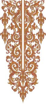Opulent machine-embroidered neckline gala with intricate baroque scrolls, swirling acanthus motifs, ornate symmetrical patterns, and cascading pendant detail for ethnic kurtas and dresses.