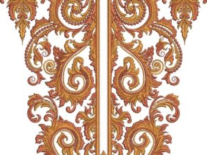 Opulent machine-embroidered neckline gala with intricate baroque scrolls, swirling acanthus motifs, ornate symmetrical patterns, and cascading pendant detail for ethnic kurtas and dresses.