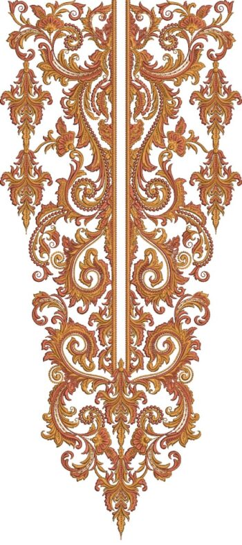 Opulent machine-embroidered neckline gala with intricate baroque scrolls, swirling acanthus motifs, ornate symmetrical patterns, and cascading pendant detail for ethnic kurtas and dresses.