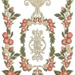 Graceful machine-embroidered neckline gala with delicate floral vines, ornate baroque scrolls, central medallion frame, symmetrical rose accents, and leafy borders for ethnic kurtas and dresses.