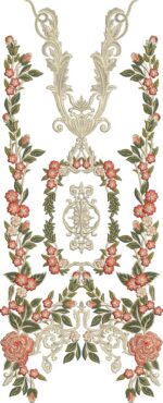 Graceful machine-embroidered neckline gala with delicate floral vines, ornate baroque scrolls, central medallion frame, symmetrical rose accents, and leafy borders for ethnic kurtas and dresses.