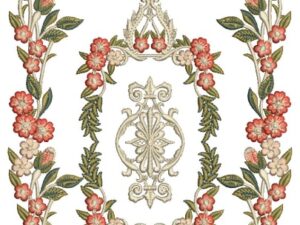 Graceful machine-embroidered neckline gala with delicate floral vines, ornate baroque scrolls, central medallion frame, symmetrical rose accents, and leafy borders for ethnic kurtas and dresses.