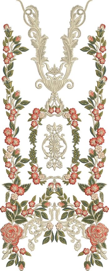 Graceful machine-embroidered neckline gala with delicate floral vines, ornate baroque scrolls, central medallion frame, symmetrical rose accents, and leafy borders for ethnic kurtas and dresses.