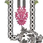 Striking machine-embroidered neckline gala with bold rose blooms, geometric chevron and diamond borders, ornate damask centerpiece, leafy vines, and cascading floral pendant for ethnic kurtas and dresses.