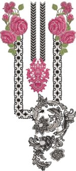 Striking machine-embroidered neckline gala with bold rose blooms, geometric chevron and diamond borders, ornate damask centerpiece, leafy vines, and cascading floral pendant for ethnic kurtas and dresses.