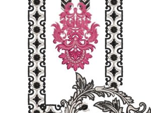 Striking machine-embroidered neckline gala with bold rose blooms, geometric chevron and diamond borders, ornate damask centerpiece, leafy vines, and cascading floral pendant for ethnic kurtas and dresses.