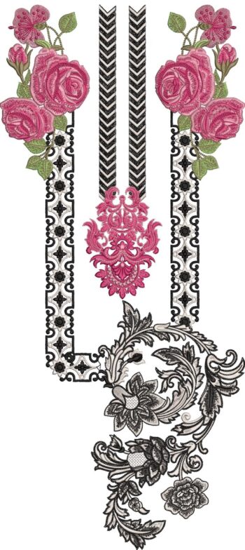 Striking machine-embroidered neckline gala with bold rose blooms, geometric chevron and diamond borders, ornate damask centerpiece, leafy vines, and cascading floral pendant for ethnic kurtas and dresses.