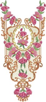 Exquisite machine-embroidered neckline gala with blooming poppy-like flowers, ornate swirling borders, central netted medallion frame, lush foliage, and elegant pendant extension for ethnic kurtas and dresses.