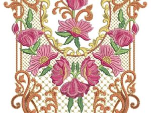 Exquisite machine-embroidered neckline gala with blooming poppy-like flowers, ornate swirling borders, central netted medallion frame, lush foliage, and elegant pendant extension for ethnic kurtas and dresses.