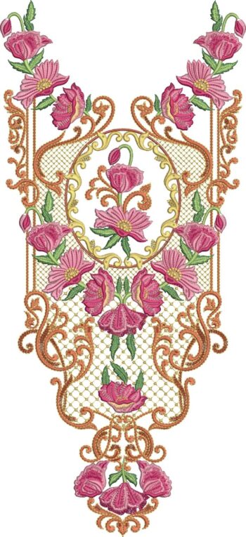 Exquisite machine-embroidered neckline gala with blooming poppy-like flowers, ornate swirling borders, central netted medallion frame, lush foliage, and elegant pendant extension for ethnic kurtas and dresses.