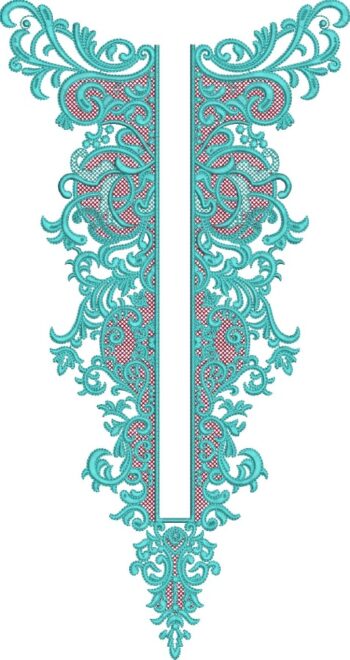 Elegant machine-embroidered neckline gala with intricate swirling baroque motifs, delicate netted mesh panels, ornate scrolling vines, and symmetrical pendant detail for ethnic kurtas and dresses.